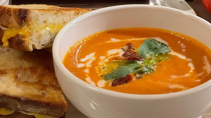 Томатный суп с сырным сэндвичем: рецепт вкусного обеда суп